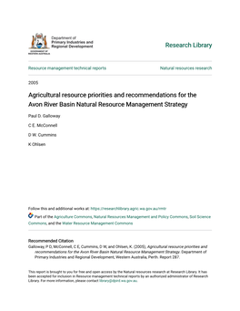 Agricultural Resource Priorities and Recommendations for the Avon River Basin Natural Resource Management Strategy