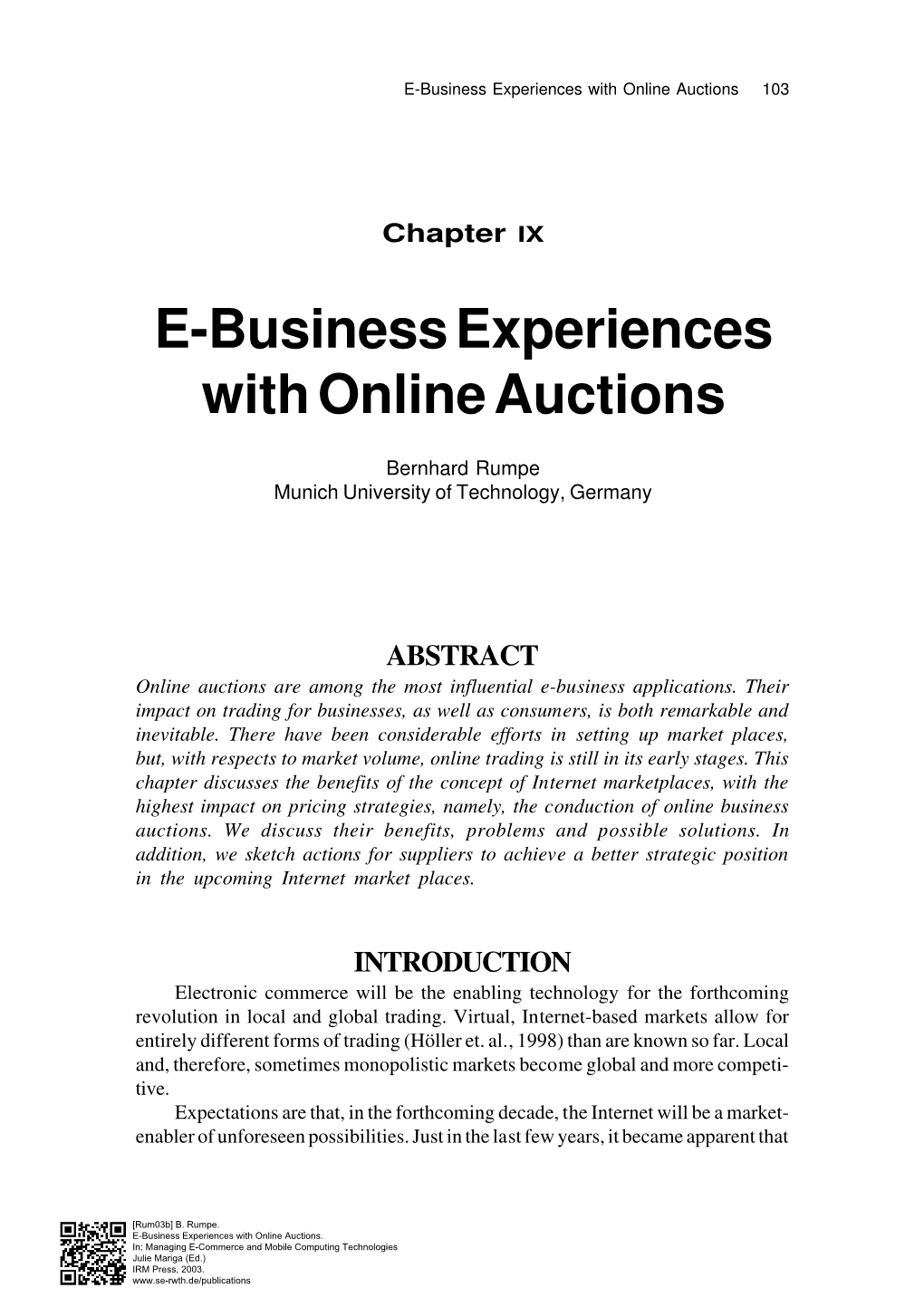 E-Business Experiences with Online Auctions 103