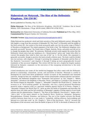 Haberstroh on Matyszak, 'The Rise of the Hellenistic Kingdoms, 336-250 BC'