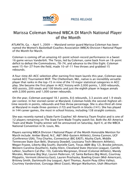 Marissa Coleman Named WBCA DI March National Player of the Month