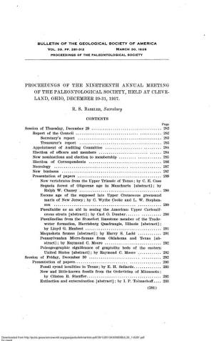 Proceedings Op the Nineteenth Annual Meeting Op the Paleontological Society, Held at Cleve Land, Ohio, December 29-31, 1927. R