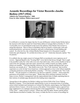 Jascha Heifetz (1917-1924) Added to the National Registry: 2008 Essay by John Anthony Maltese (Guest Post)*