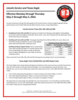 Lincoln Service and Texas Eagle Effective Monday Through Thursday