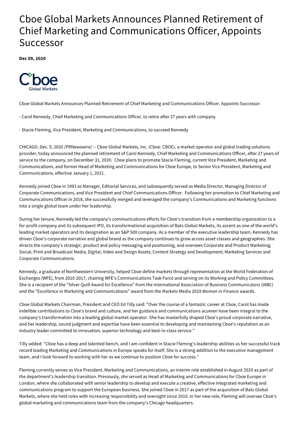 Cboe Global Markets Announces Planned Retirement of Chief Marketing and Communications Officer, Appoints Successor