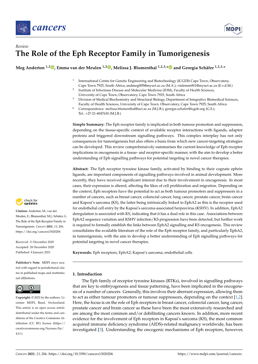 The Role of the Eph Receptor Family in Tumorigenesis. Cancers 2021