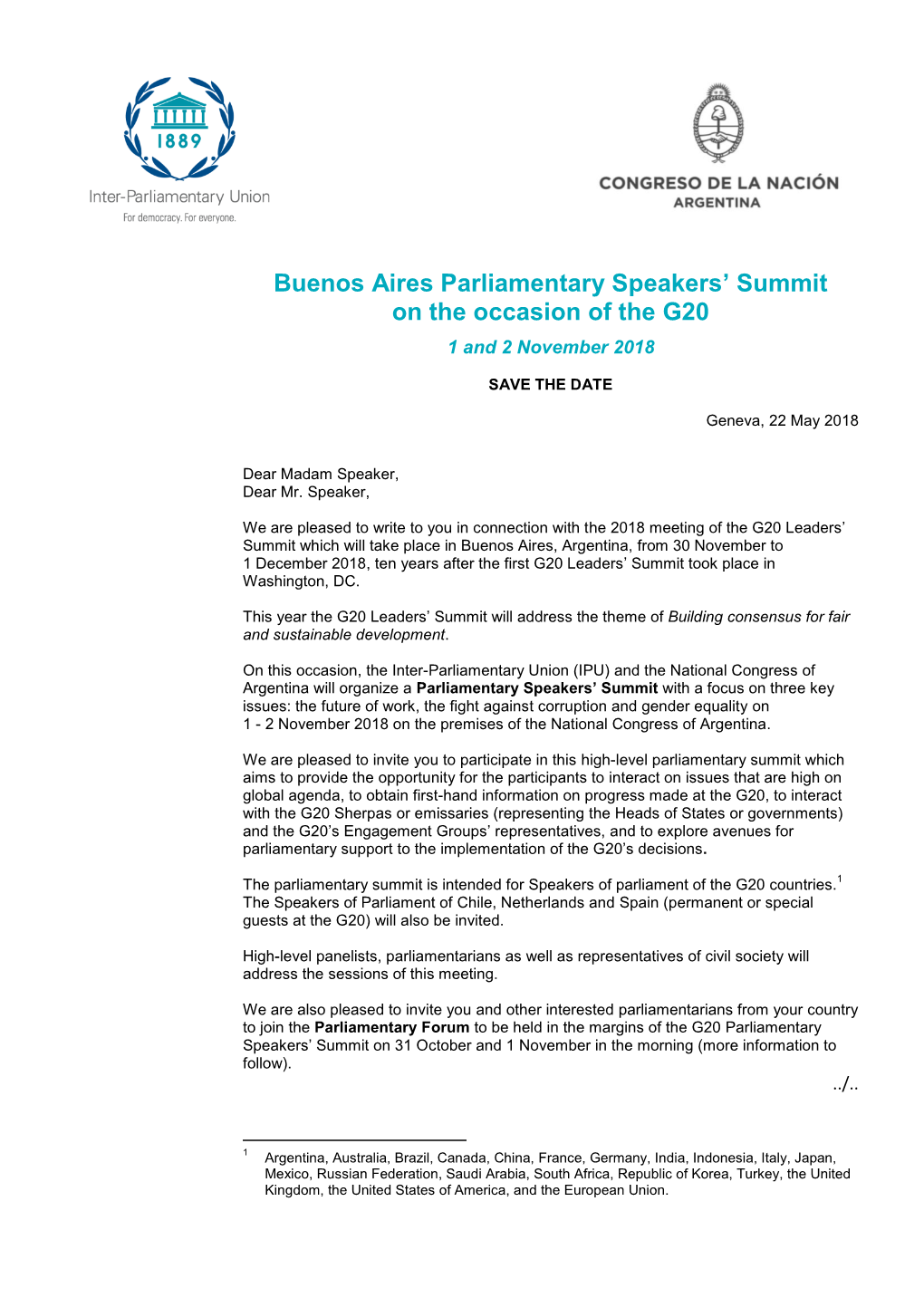 Buenos Aires Parliamentary Speakers' Summit on the Occasion of The