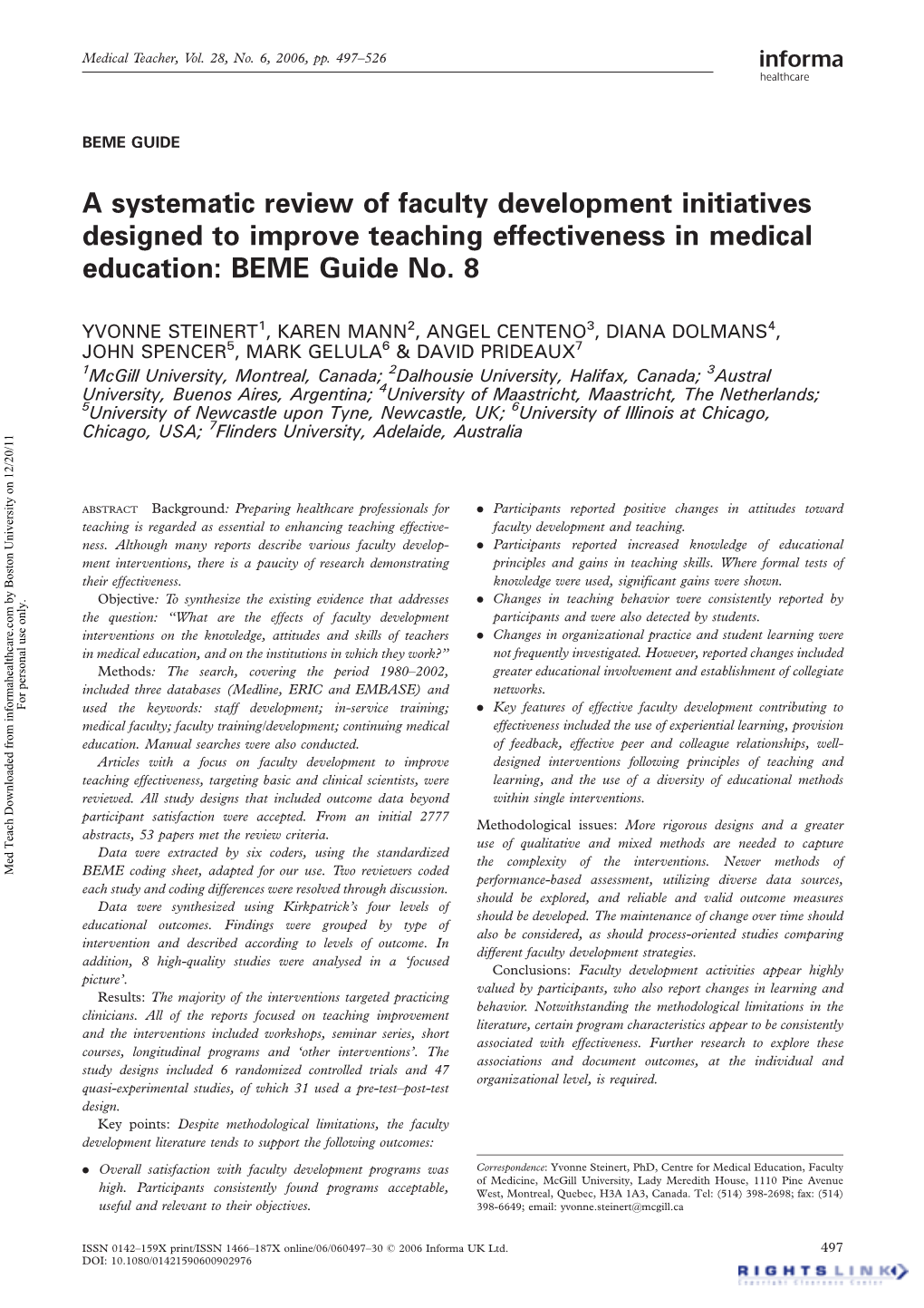 A Systematic Review of Faculty Development Initiatives Designed to Improve Teaching Effectiveness in Medical Education: BEME Guide No