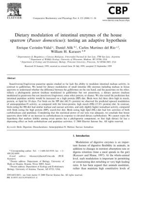 Dietary Modulation of Intestinal Enzymes of the House Sparrow (Passer Domesticus): Testing an Adaptive Hypothesis