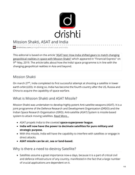 Mission Shakti, ASAT and India