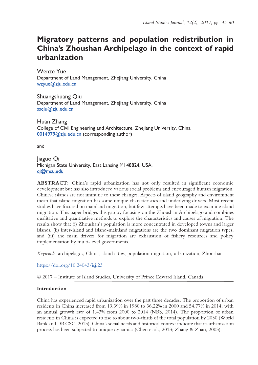 Migratory Patterns and Population Redistribution in China's Zhoushan