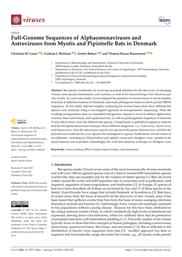 Full-Genome Sequences of Alphacoronaviruses and Astroviruses from Myotis and Pipistrelle Bats in Denmark