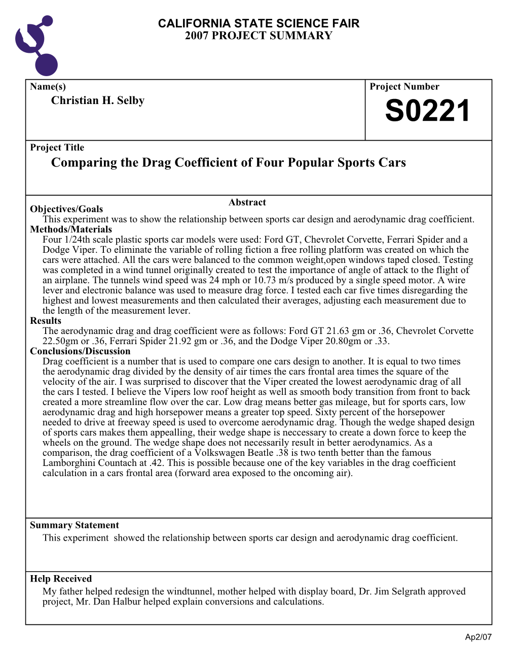 Comparing the Drag Coefficient of Four Popular Sports Cars