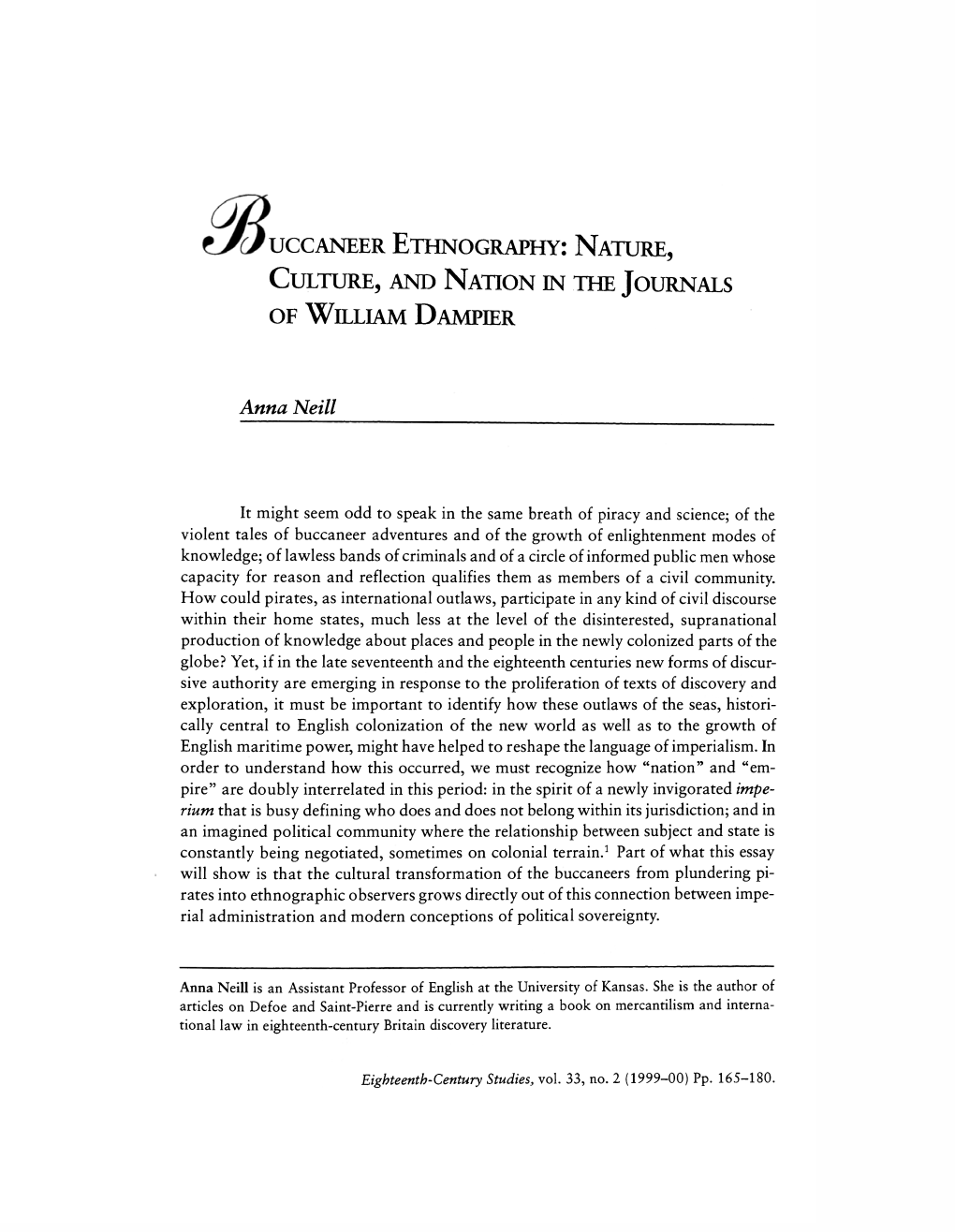 Uccaneer Ethnography: Nature, Culture, and Nation in the Journals of William Dampier