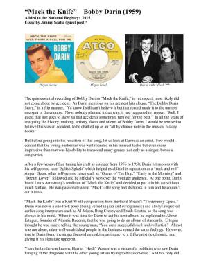 Mack the Knife”—Bobby Darin (1959) Added to the National Registry: 2015 Essay by Jimmy Scalia (Guest Post)*