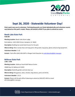 Sept 26, 2020 - Statewide Volunteer Day! Find a Park Near You to Volunteer