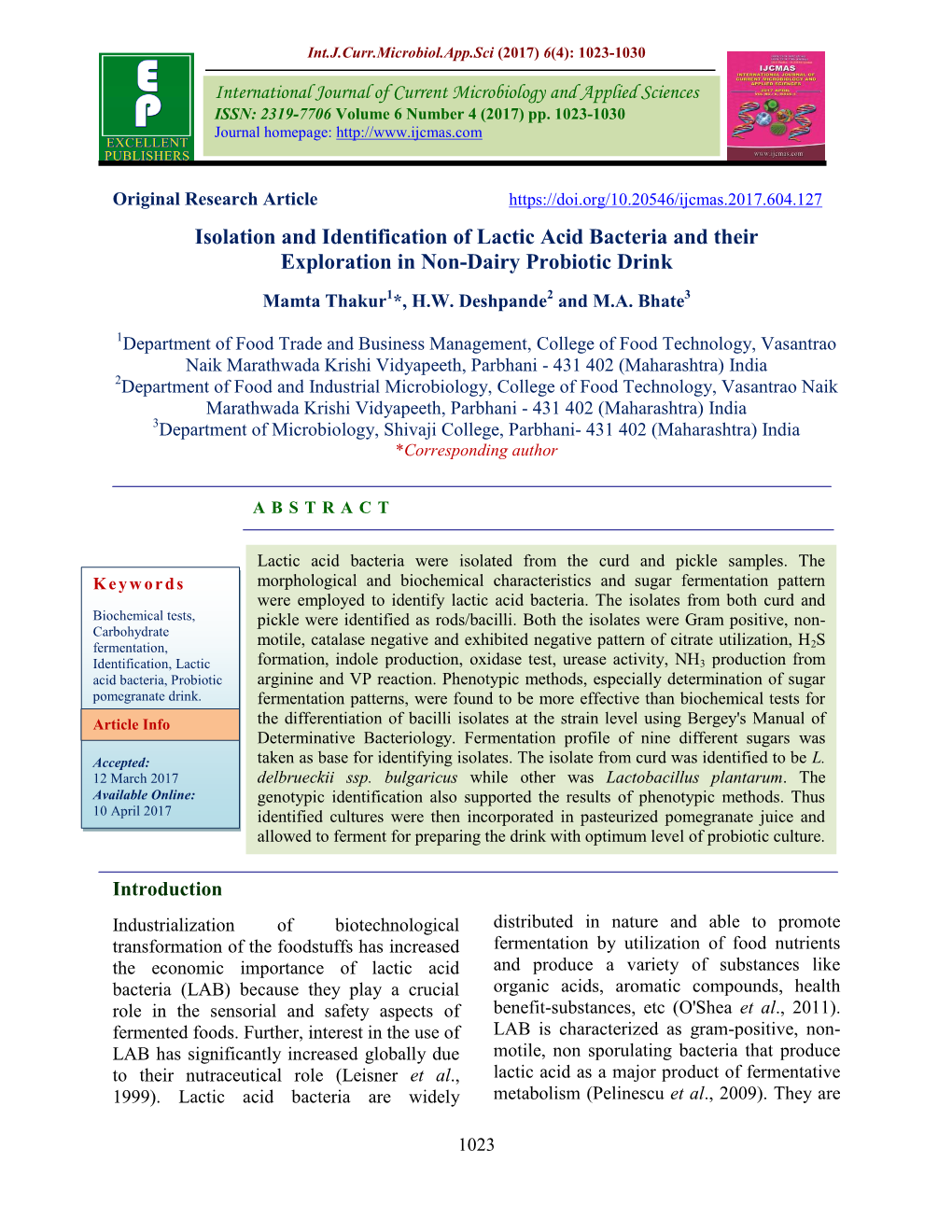 Isolation and Identification of Lactic Acid Bacteria and Their Exploration in Non-Dairy Probiotic Drink