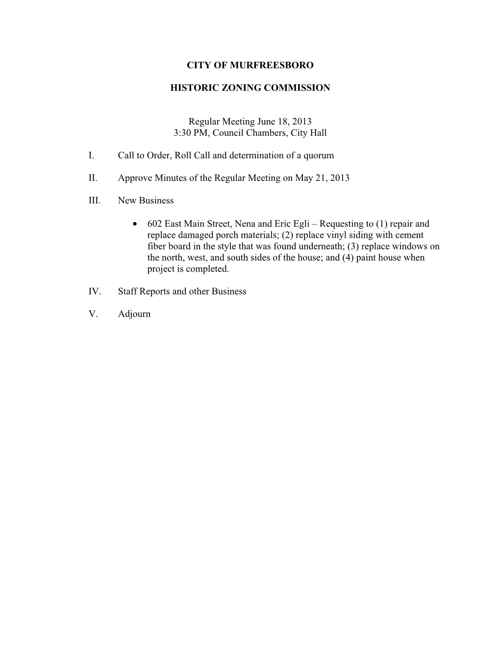 City of Murfreesboro Historic Zoning Commission Staff Comments Regular Meeting June 18, 2013