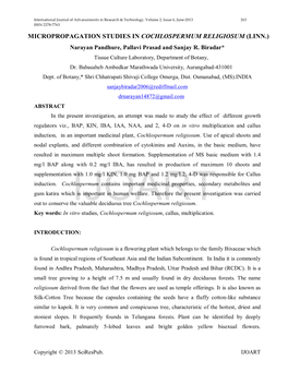 MICROPROPAGATION STUDIES in COCHLOSPERMUM RELIGIOSUM (LINN.) Narayan Pandhure, Pallavi Prasad and Sanjay R