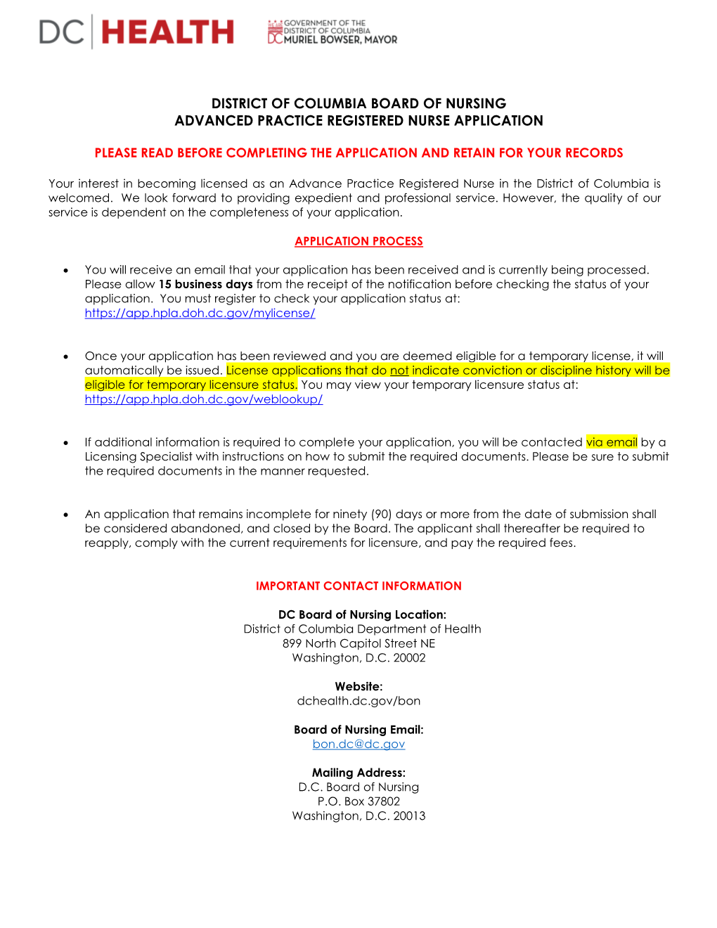 District of Columbia Board of Nursing Advanced Practice Registered Nurse Application