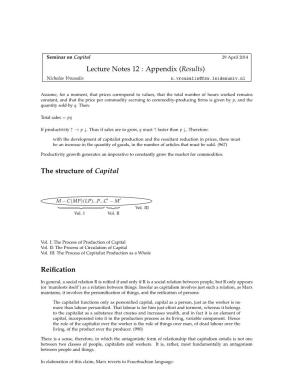 Lecture Notes 12 : Appendix (Results) the Structure of Capital Reification