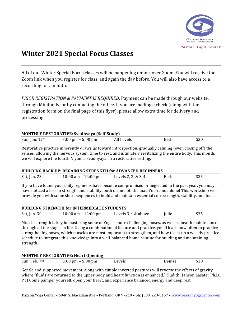 Winter 2021 Special Focus Classes