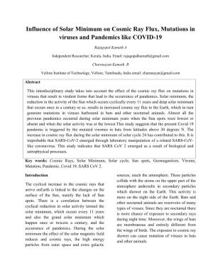 Influence of Solar Minimum on Cosmic Ray Flux, Mutations in Viruses and Pandemics Like COVID-19