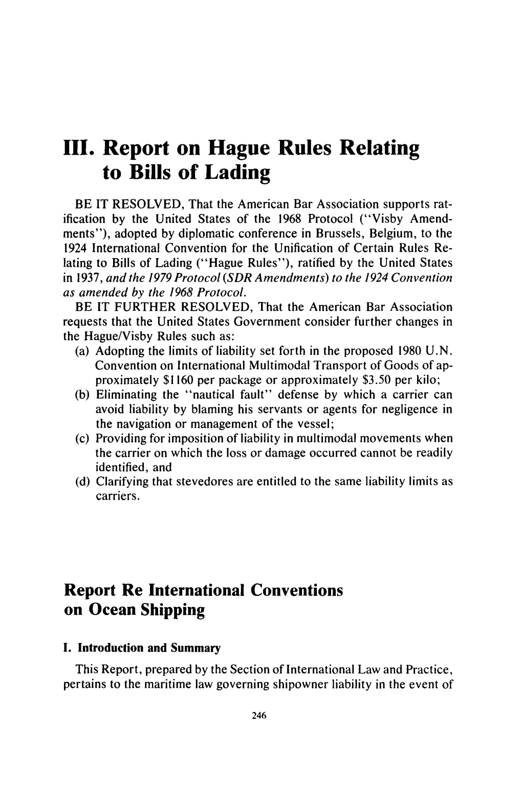 Report on the Hague Rules Relating to Bills of Lading