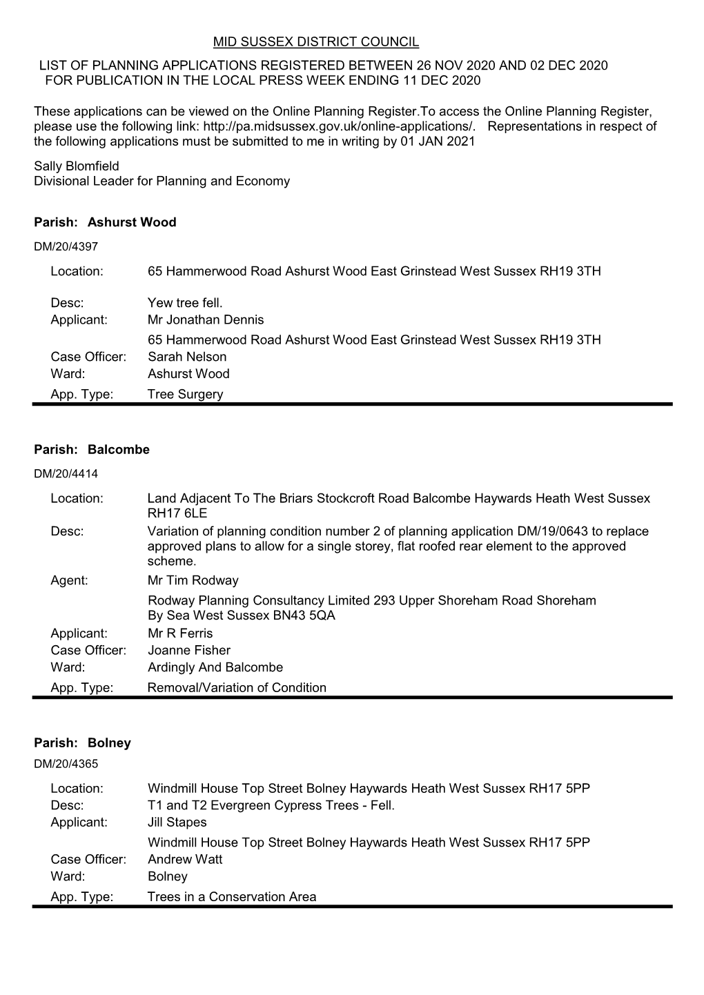 Mid Sussex District Council List of Planning Applications Registered Between 26 Nov 2020 and 02 Dec 2020 for Publication in the Local Press Week Ending 11 Dec 2020