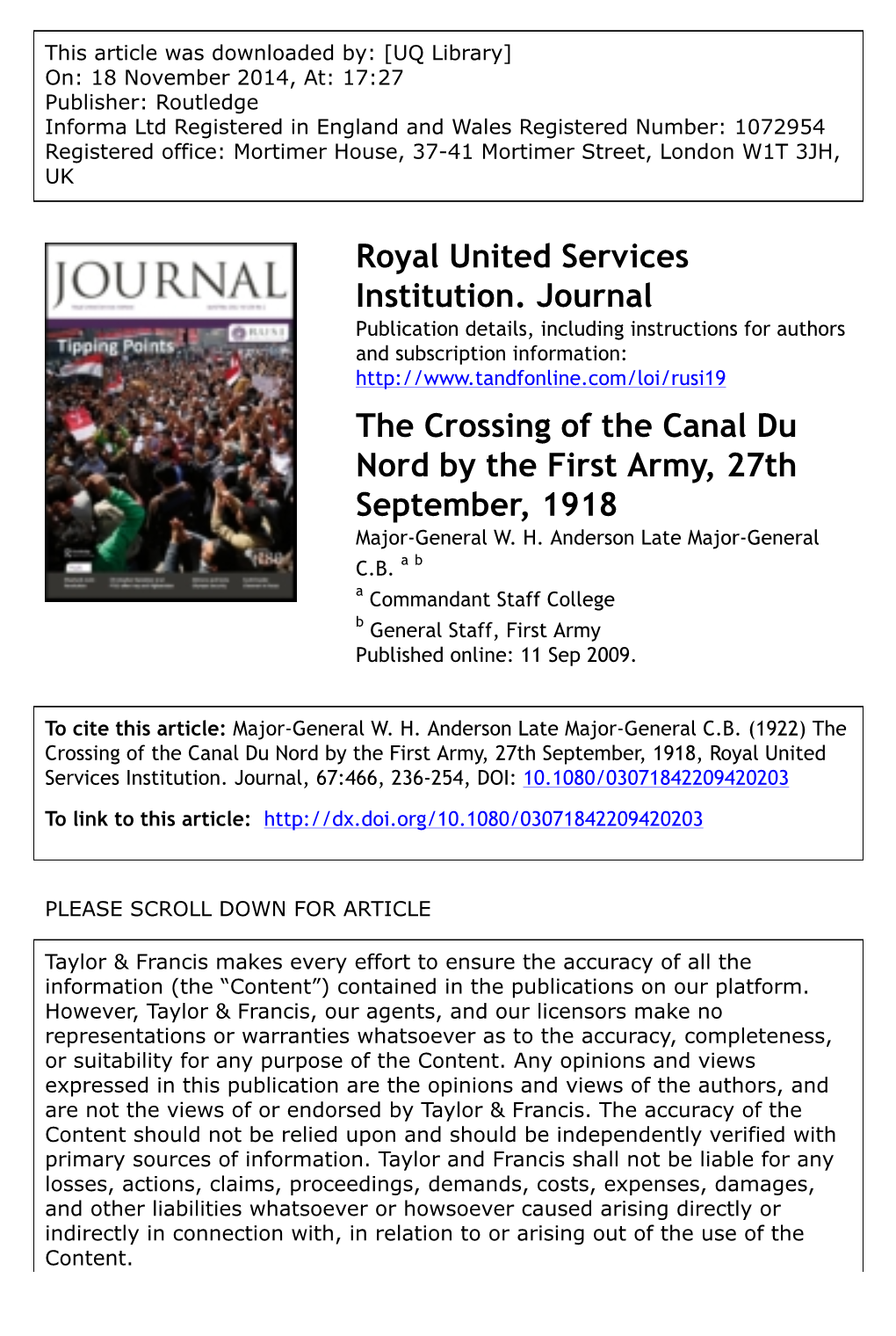 Royal United Services Institution. Journal the Crossing of the Canal Du Nord by the First Army, 27Th September, 1918