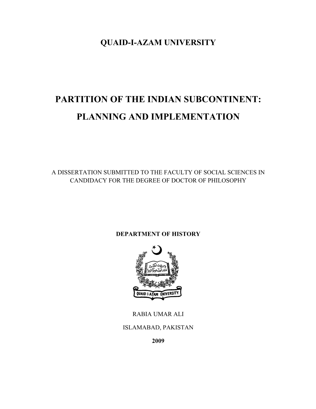 Partition of the Indian Subcontinent: Planning And