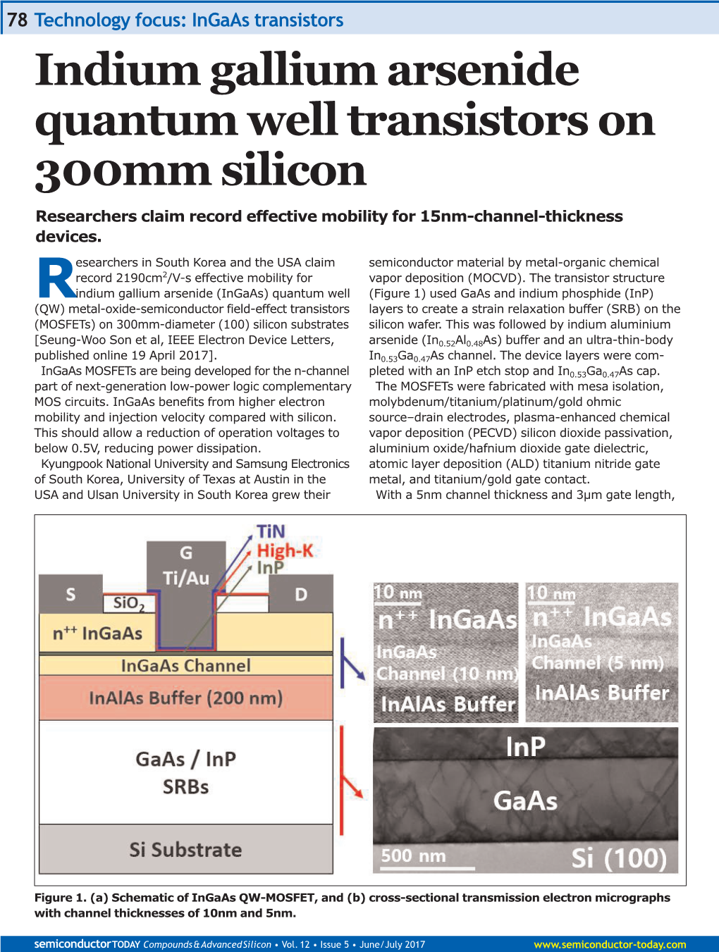 Indium Gallium Arsenide Quantum Well Transistors on 300Mm Silicon Researchers Claim Record Effective Mobility for 15Nm-Channel-Thickness Devices