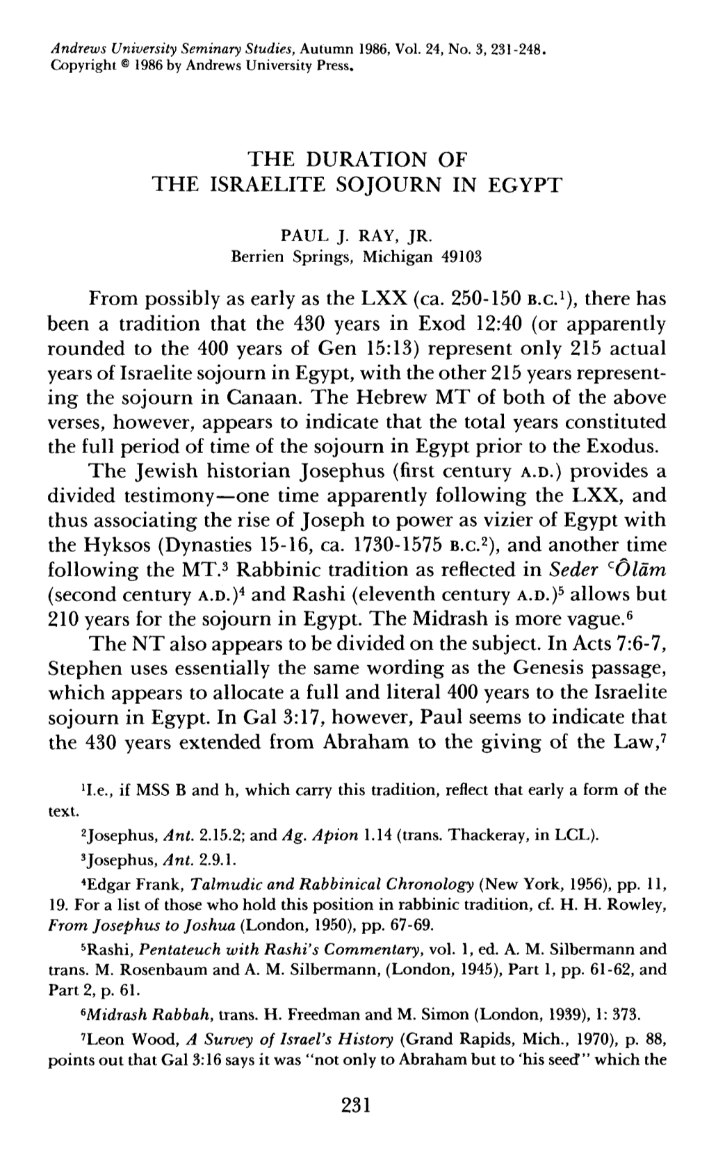 The Duration of the Israelite Sojourn in Egypt