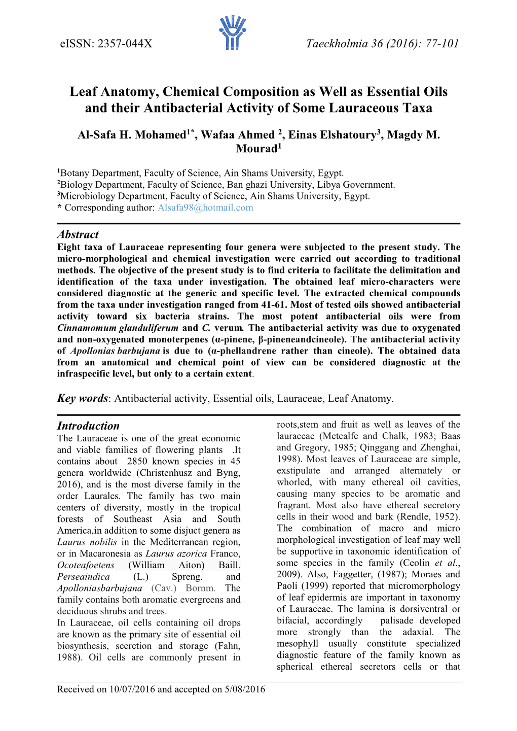 Leaf Anatomy, Chemical Composition As Well As Essential Oils and Their Antibacterial Activity of Some Lauraceous Taxa