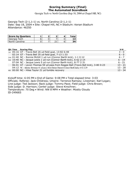The Automated Scorebook Georgia Tech Vs North Carolina (Sep 18, 2004 at Chapel Hill, NC)