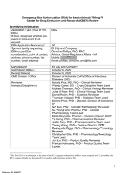 Emergency Use Authorization (EUA) for Bamlanivimab 700Mg IV Center for Drug Evaluation and Research (CDER) Review