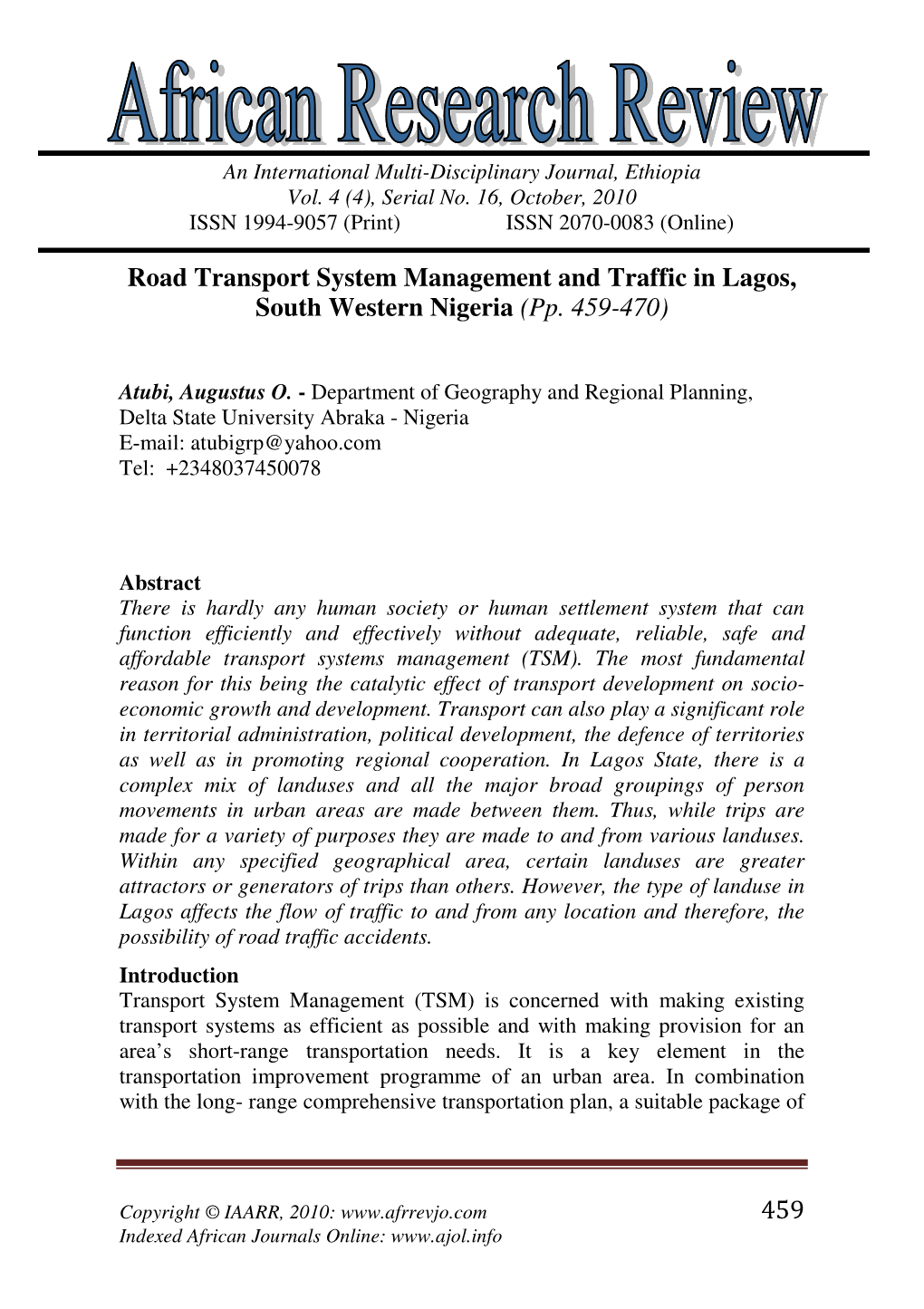 459 Road Transport System Management and Traffic in Lagos