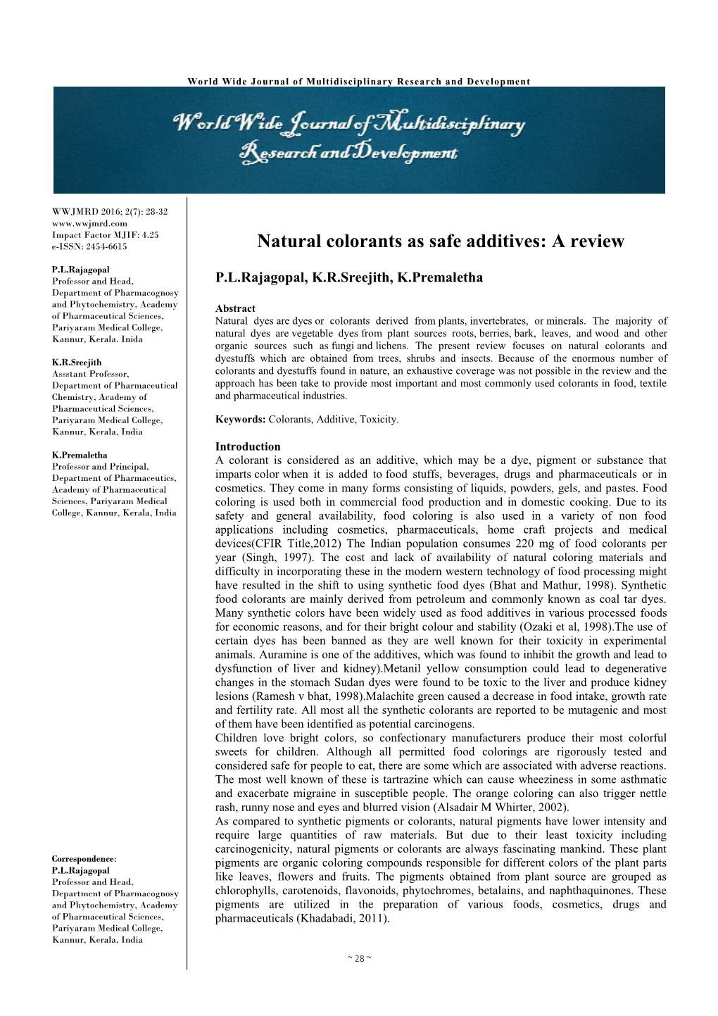 Natural Colorants As Safe Additives: a Review