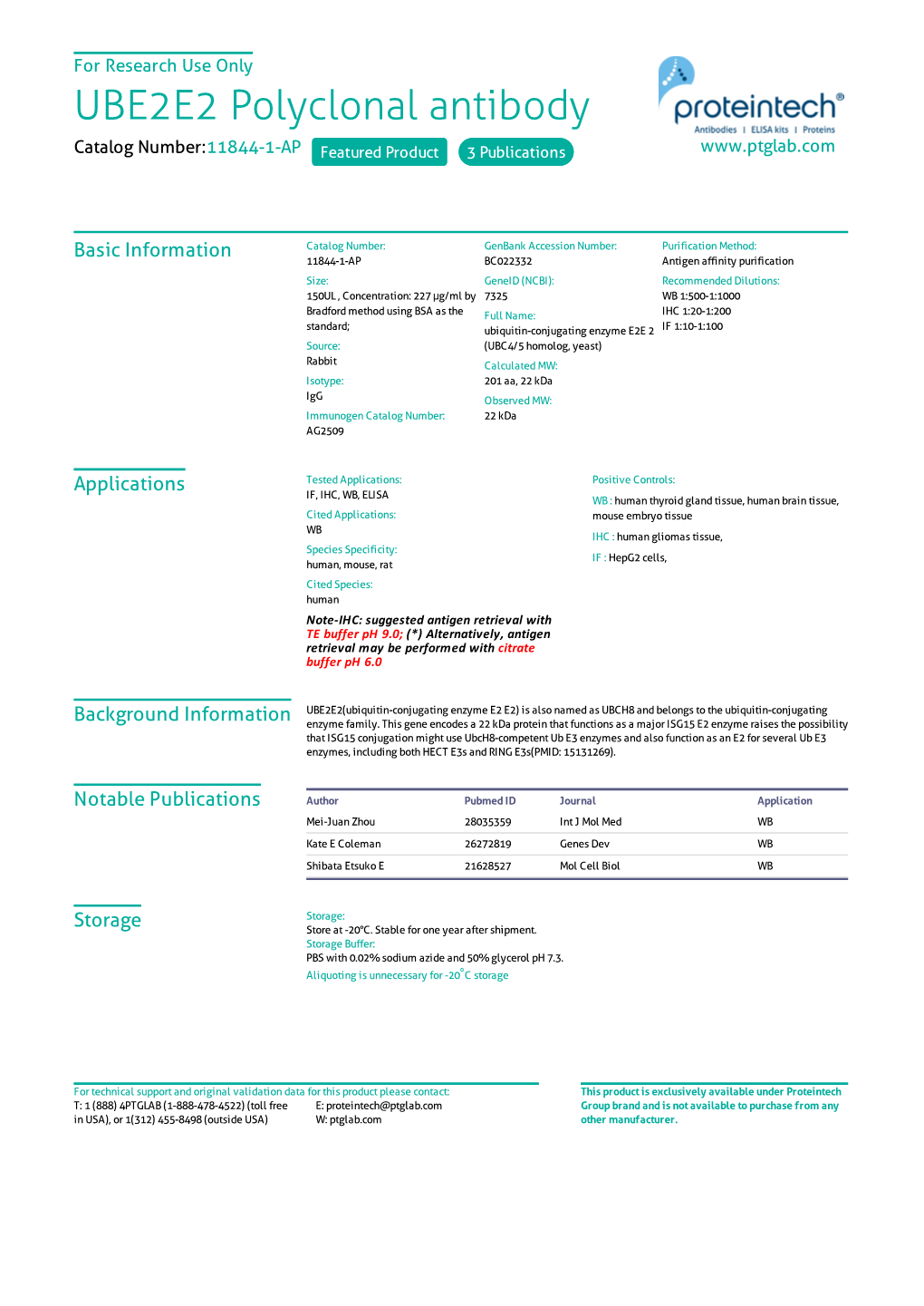 UBE2E2 Polyclonal Antibody Catalog Number:11844-1-AP Featured Product 3 Publications