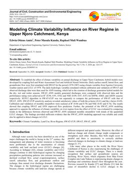 Modeling Climate Variability Influence on River Regime in Upper Njoro Catchment, Kenya