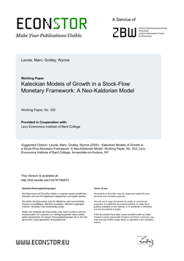 Working Paper Kaleckian Models of Growth in a Stock-Flow Monetary Framework: a Neo-Kaldorian Model
