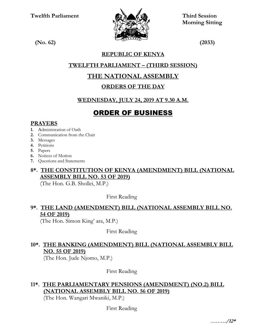 The National Assembly Order of Business