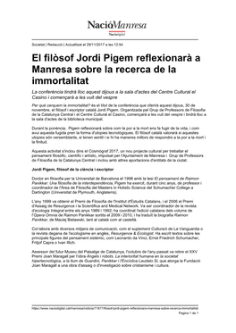 El Filòsof Jordi Pigem Reflexionarà a Manresa Sobre La Recerca De La