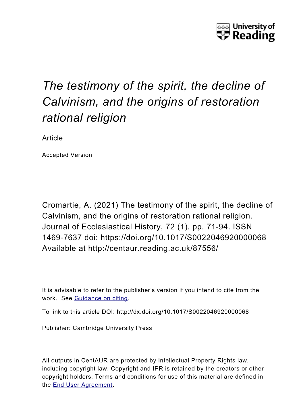 The Testimony of the Spirit, the Decline of Calvinism, and the Origins of Restoration Rational Religion