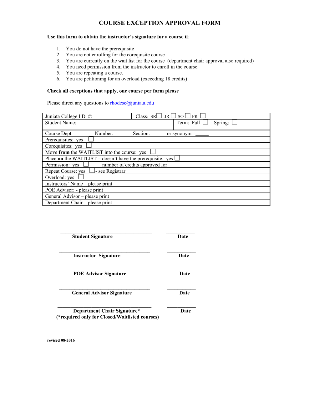 Course Exception Approval Form