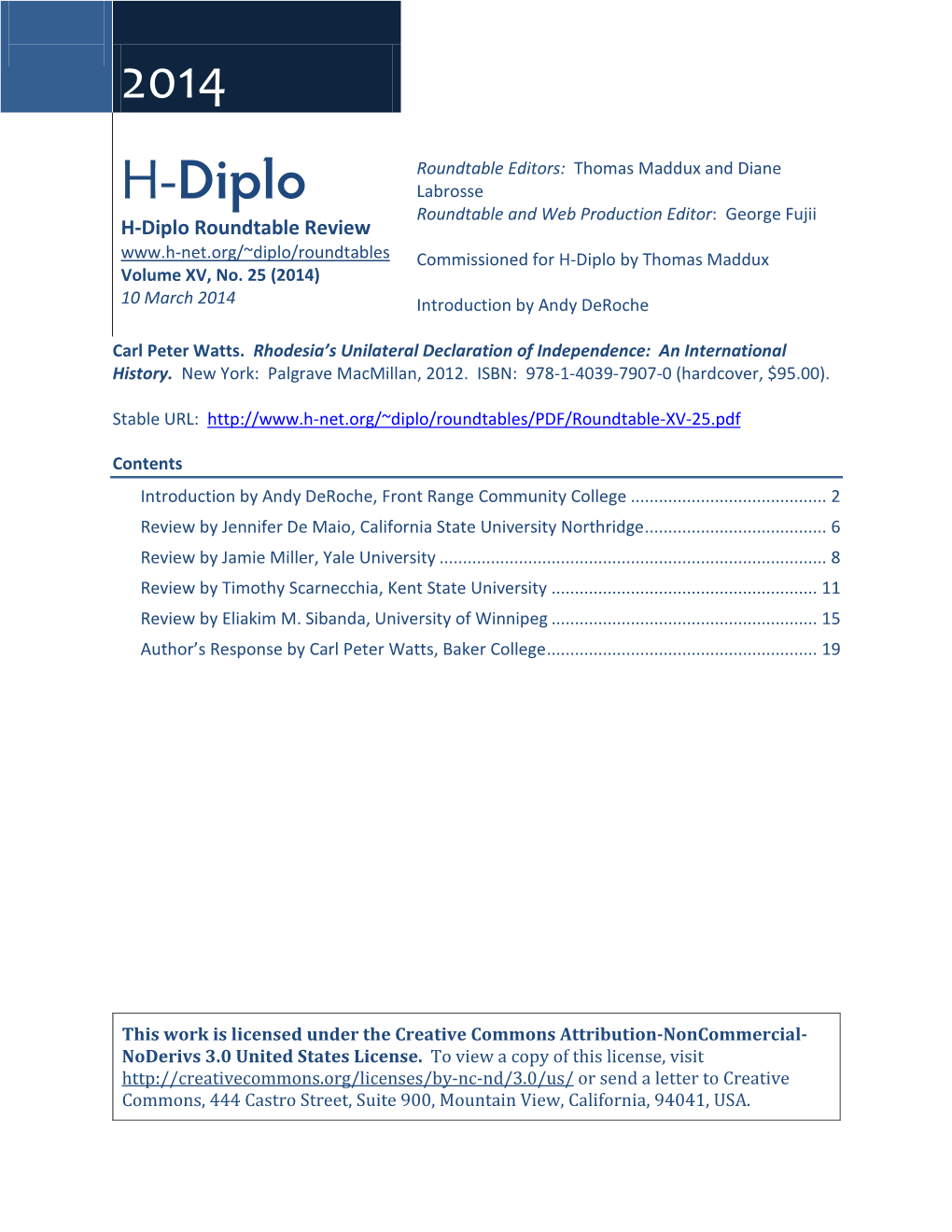 H-Diplo Roundtable, Vol. XV, No. 24 (2014)