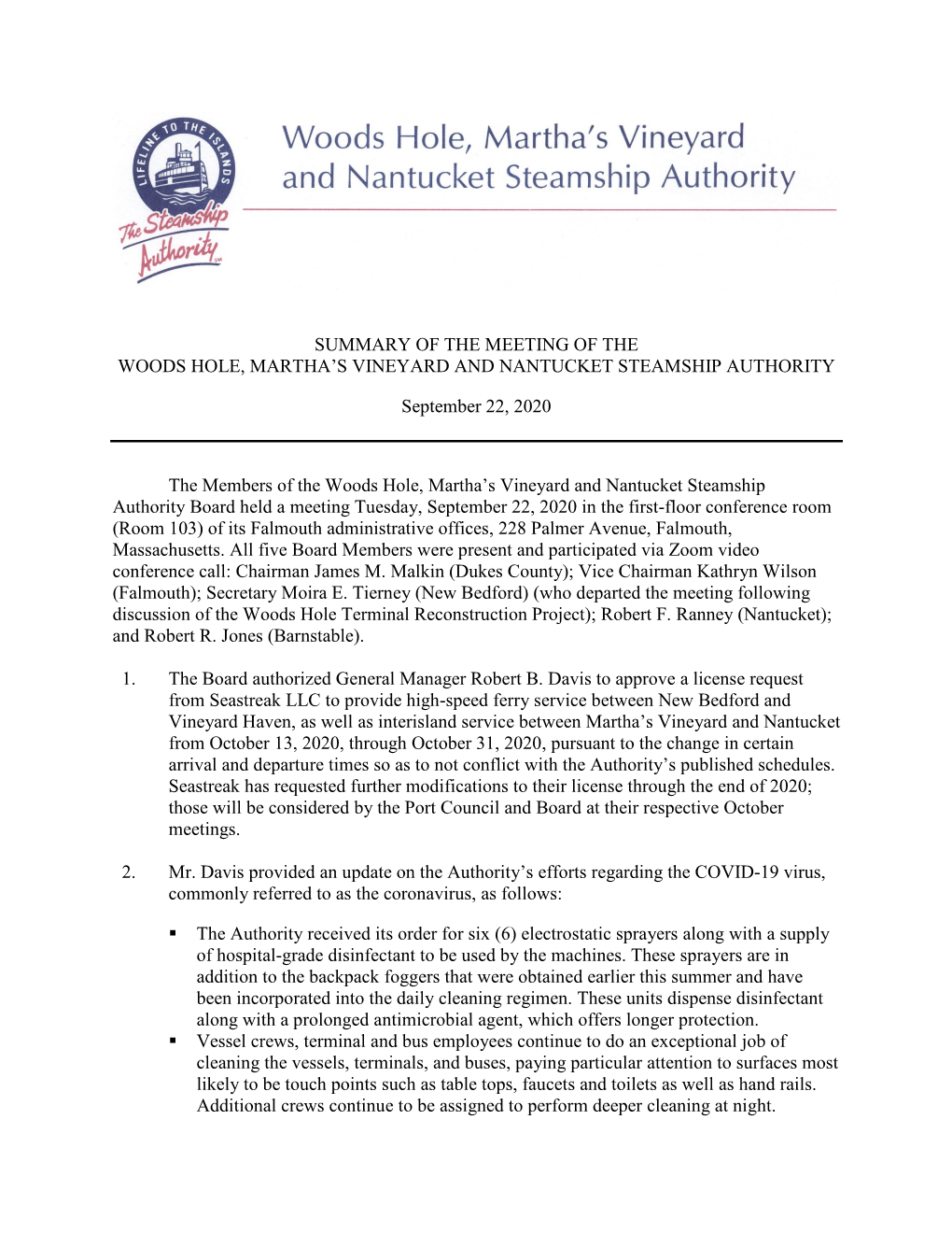 Summary of the Meeting of the Woods Hole, Martha’S Vineyard and Nantucket Steamship Authority