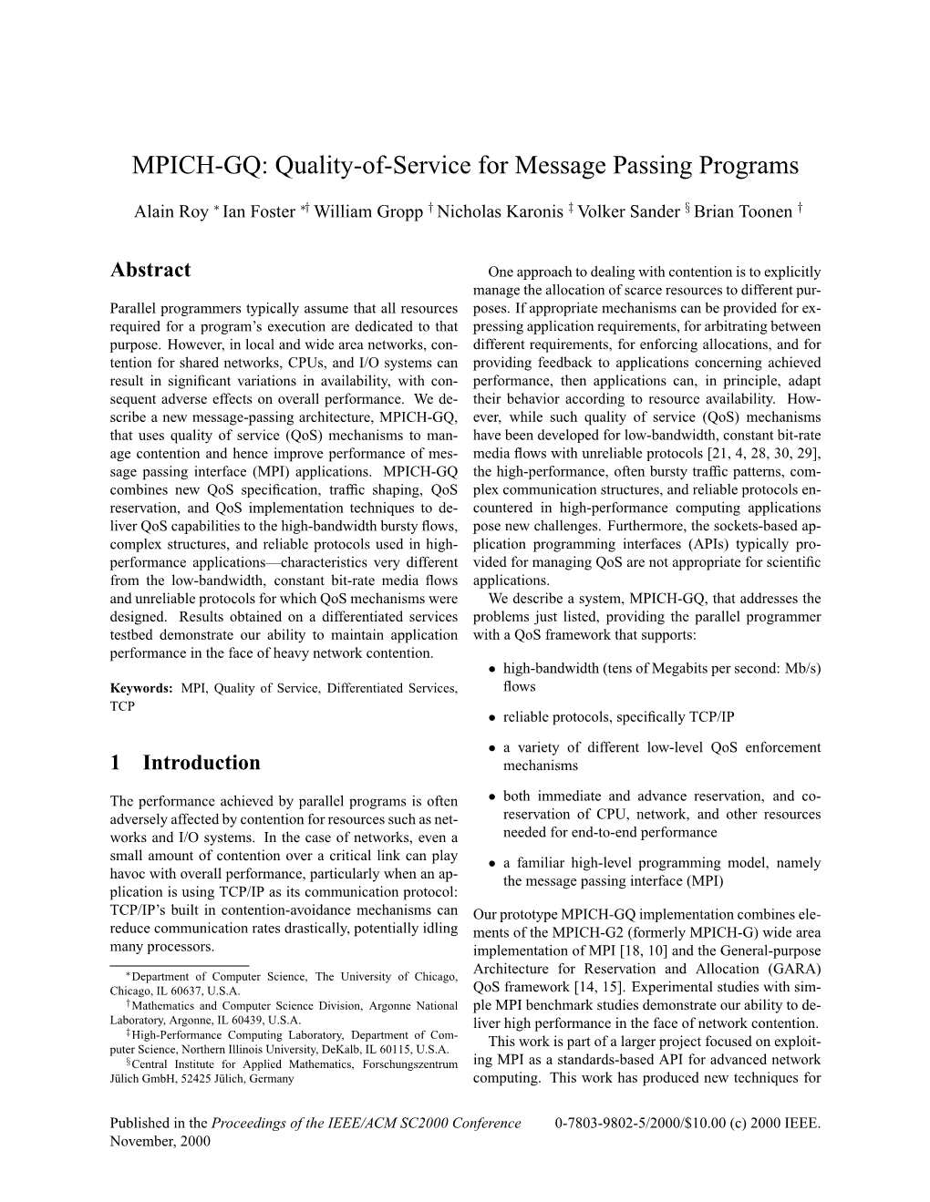 MPICH-GQ: Quality-Of-Service for Message Passing Programs