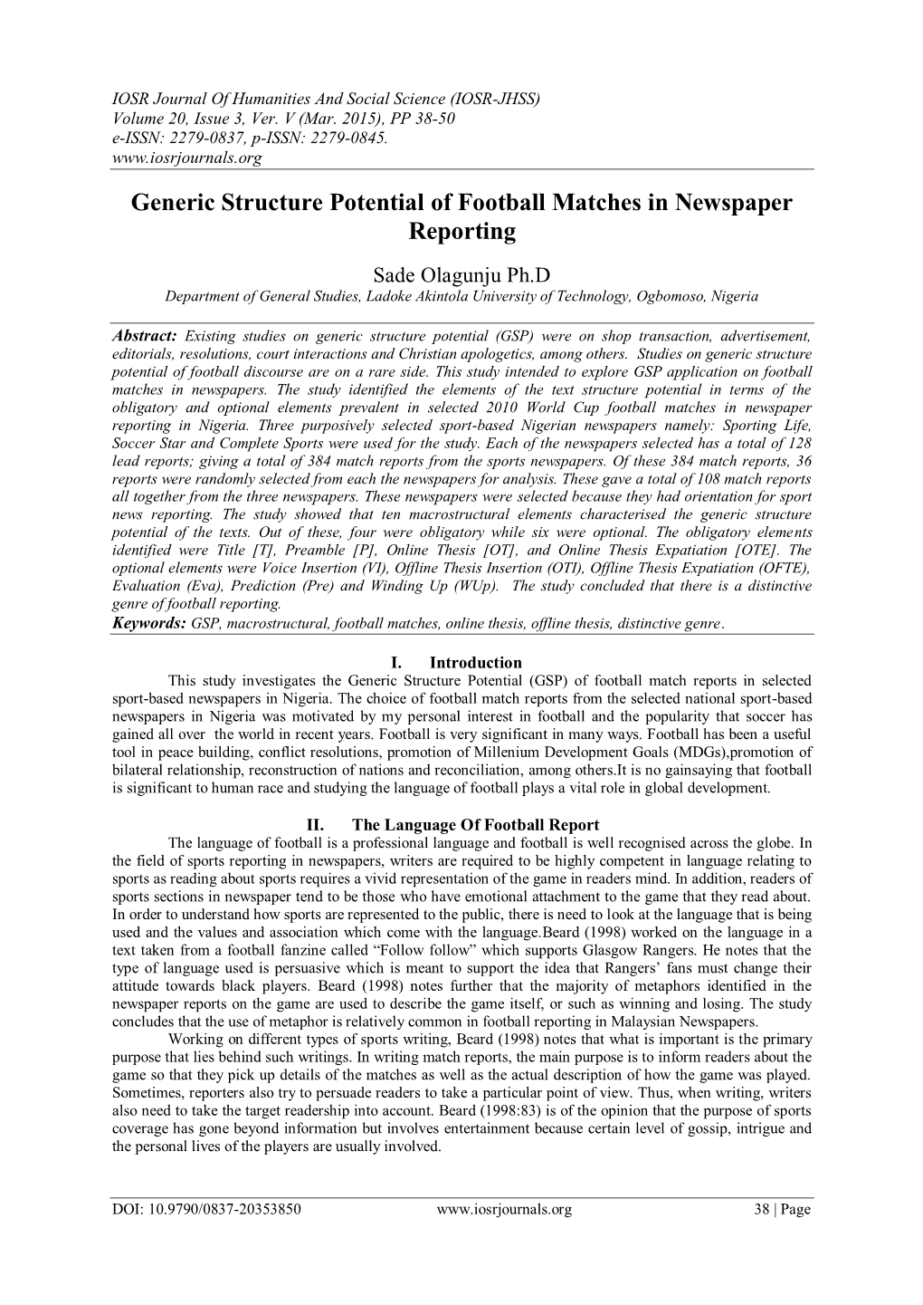 Generic Structure Potential of Football Matches in Newspaper Reporting