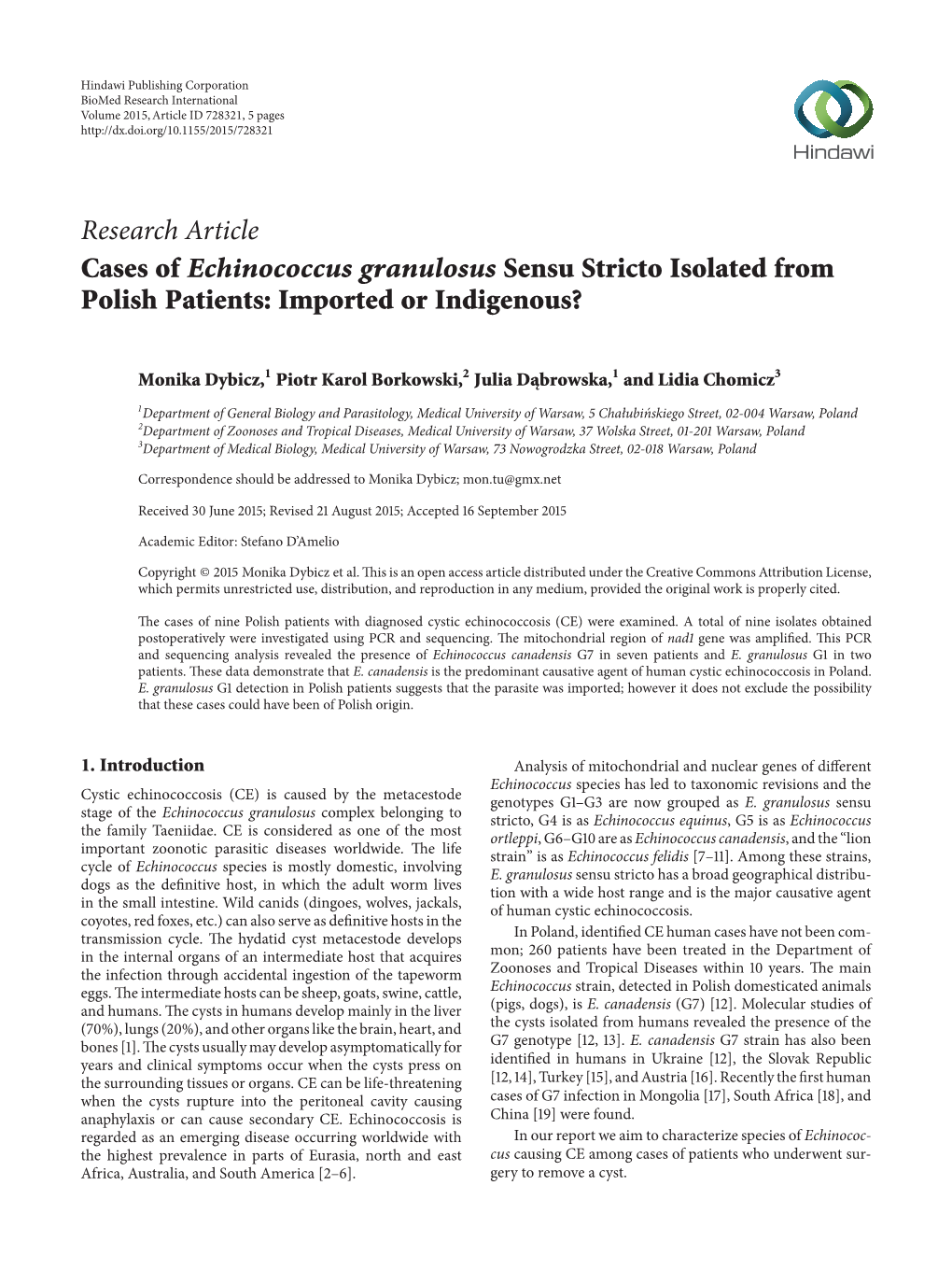 Cases of Echinococcus Granulosus Sensu Stricto Isolated from Polish Patients: Imported Or Indigenous?