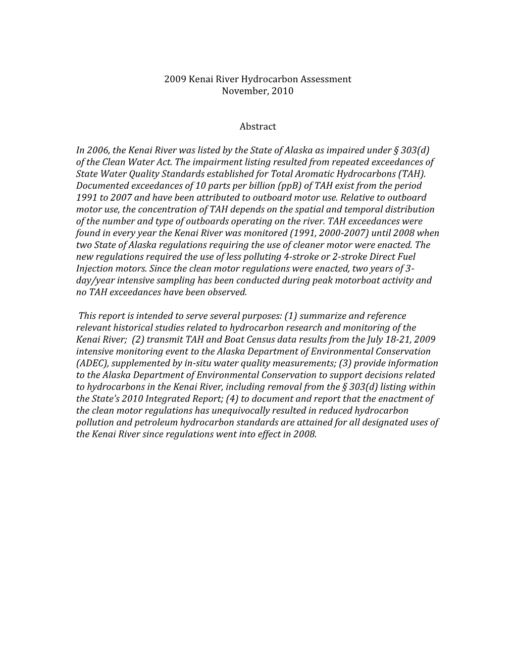 2009 Kenai River Hydrocarbon Assessment November, 2010